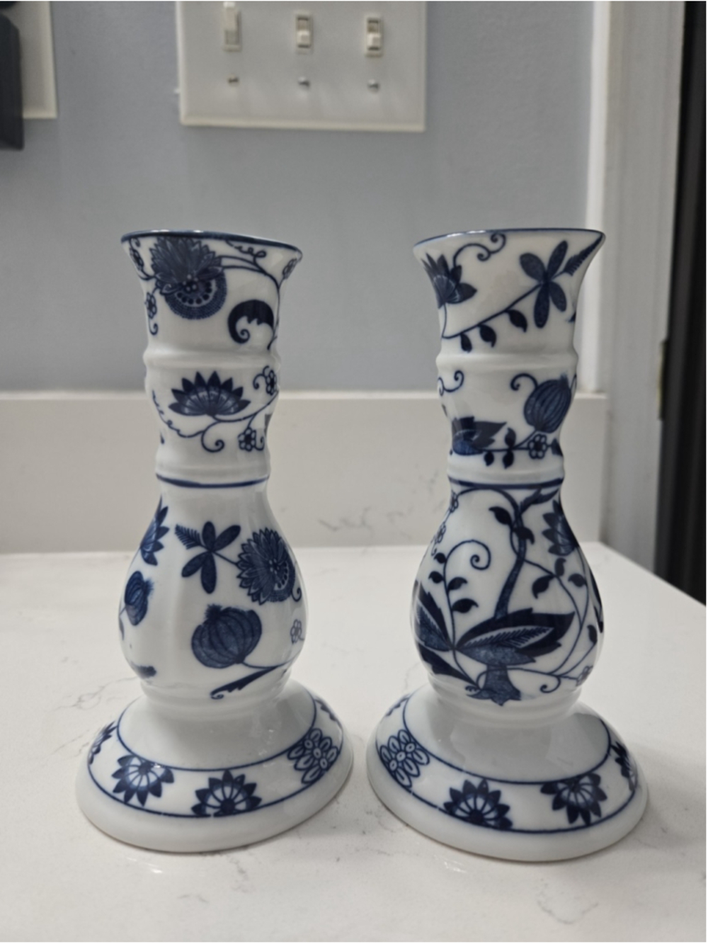 Vintage Vienna Woods Blue Onion Fine China Candlestick Holders Pair MCM